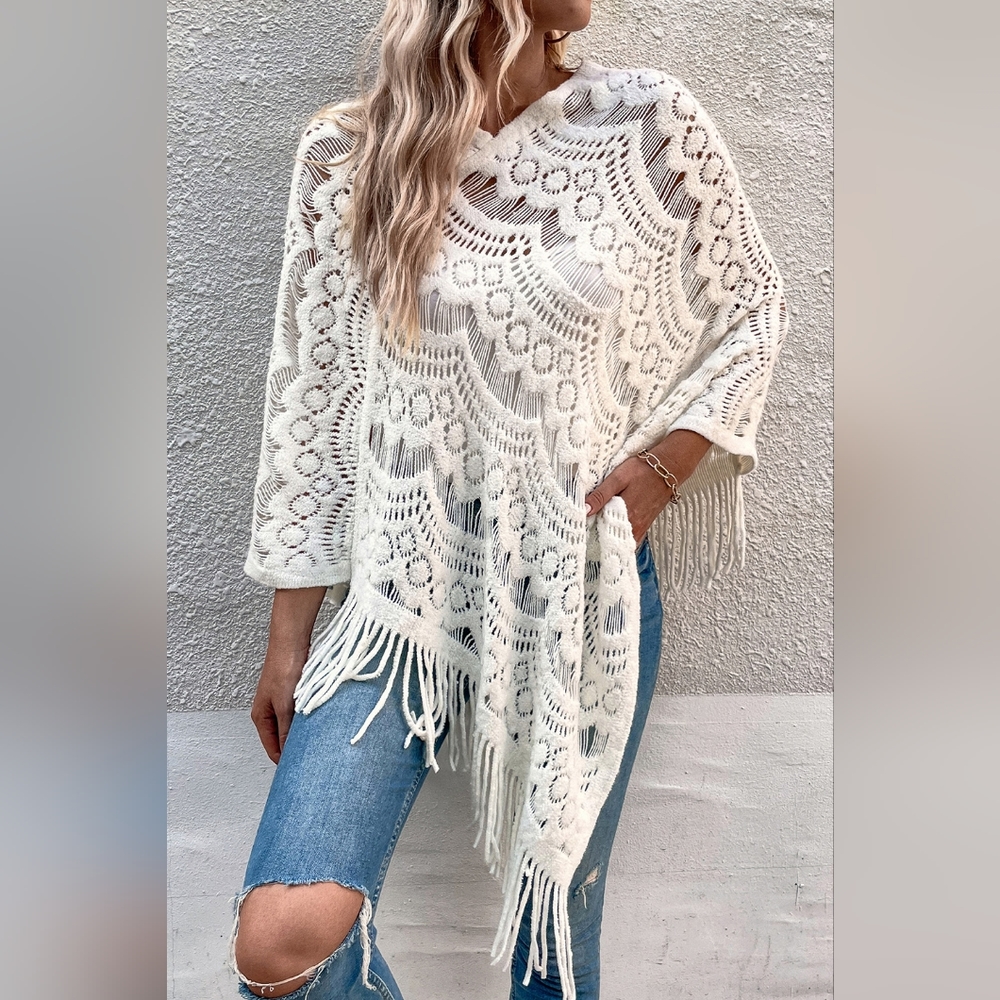 Knit Openwork Macrame Oversized Retro Fringe Pullover Poncho Sweater Jacket - Picture 1 of 9
